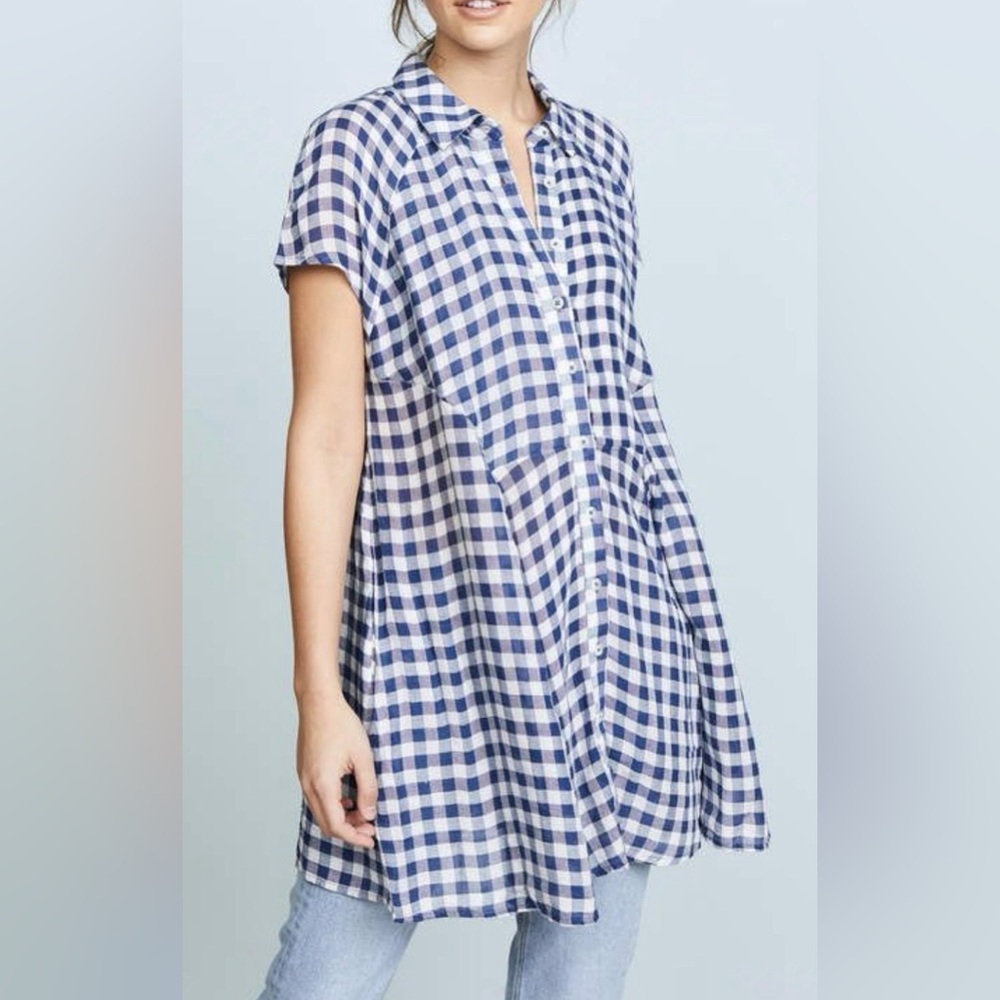 Free People New Spring Love blue check tunic top, medium